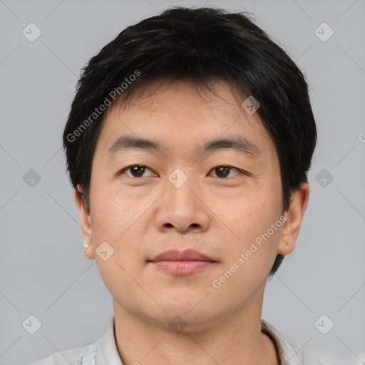 Neutral asian young-adult male with short  brown hair and brown eyes