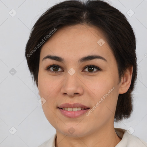 Joyful white young-adult female with medium  brown hair and brown eyes