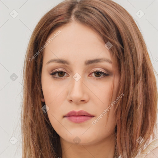 Neutral white young-adult female with long  brown hair and brown eyes