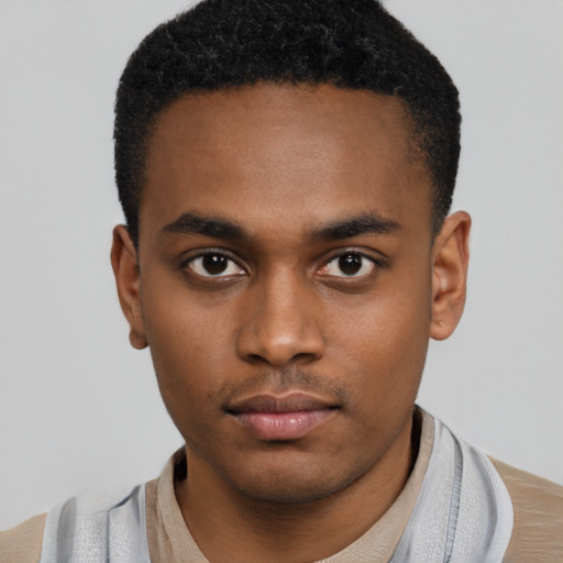 Neutral black young-adult male with short  black hair and brown eyes