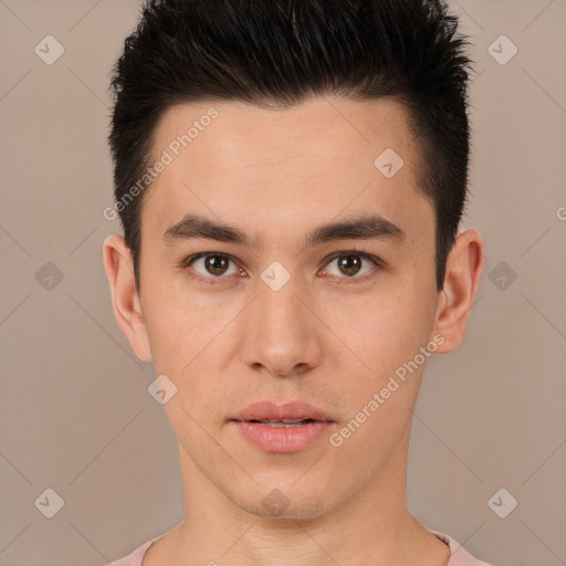 Neutral white young-adult male with short  brown hair and brown eyes