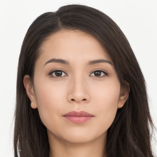 Neutral asian young-adult female with long  brown hair and brown eyes