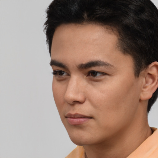 Neutral asian young-adult male with short  black hair and brown eyes