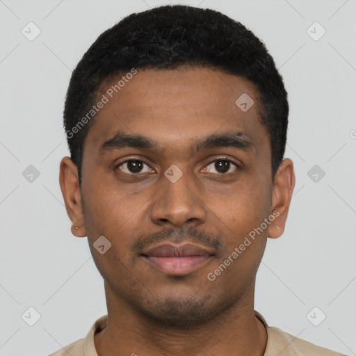 Neutral black young-adult male with short  black hair and brown eyes