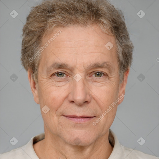 Joyful white middle-aged male with short  brown hair and brown eyes