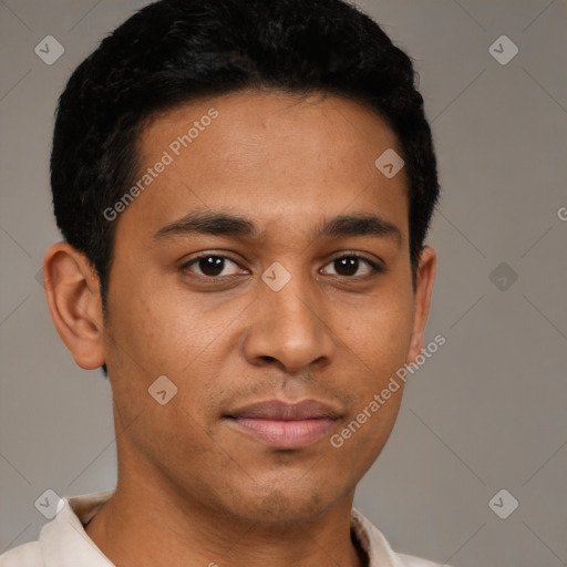 Joyful latino young-adult male with short  brown hair and brown eyes