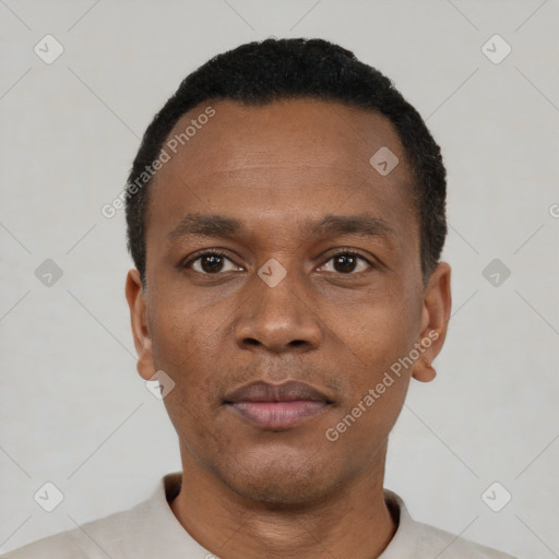 Neutral black adult male with short  black hair and brown eyes