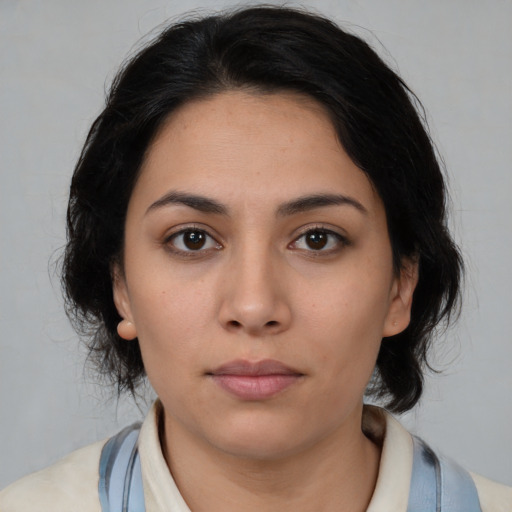 Neutral asian young-adult female with medium  black hair and brown eyes