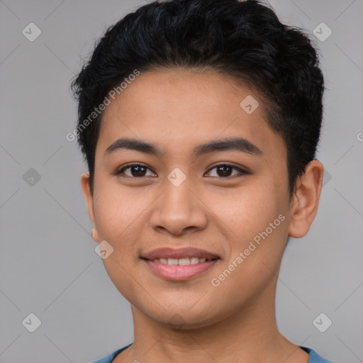 Joyful latino young-adult female with short  brown hair and brown eyes