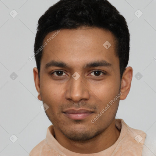 Neutral latino young-adult male with short  black hair and brown eyes