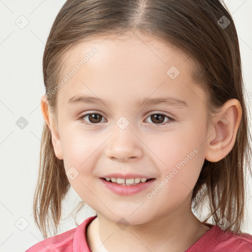 Joyful white child female with medium  brown hair and brown eyes