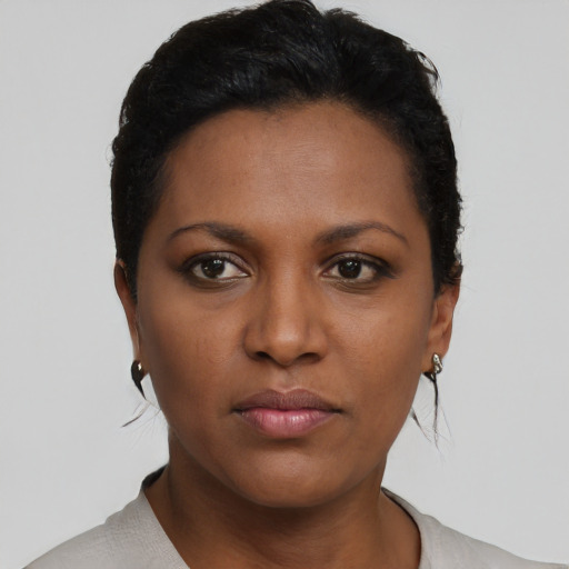 Neutral black young-adult female with short  black hair and brown eyes