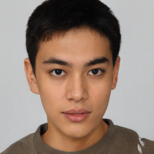 Neutral asian young-adult male with short  brown hair and brown eyes
