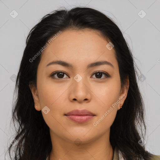 Neutral asian young-adult female with long  brown hair and brown eyes