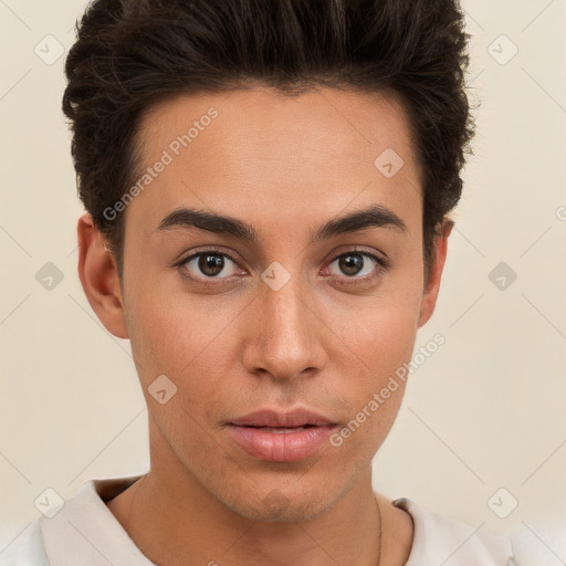 Neutral white young-adult male with short  brown hair and brown eyes