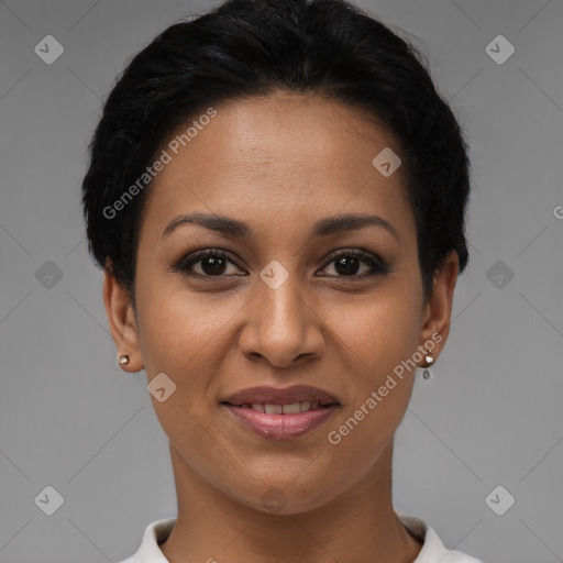 Joyful latino young-adult female with short  brown hair and brown eyes