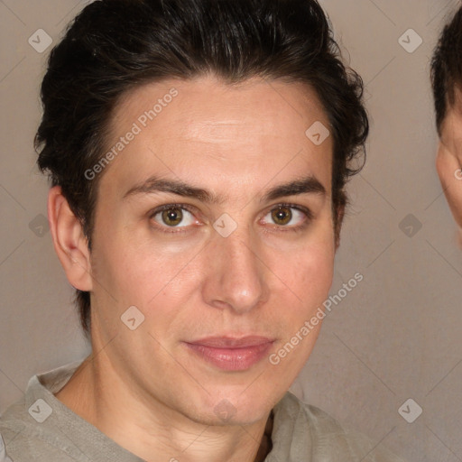 Joyful white adult female with short  brown hair and brown eyes