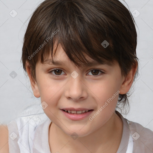 Joyful white child female with medium  brown hair and brown eyes