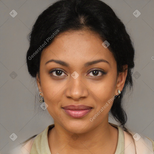 Joyful black young-adult female with medium  black hair and brown eyes