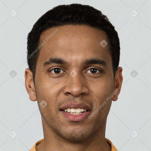 Joyful latino young-adult male with short  black hair and brown eyes