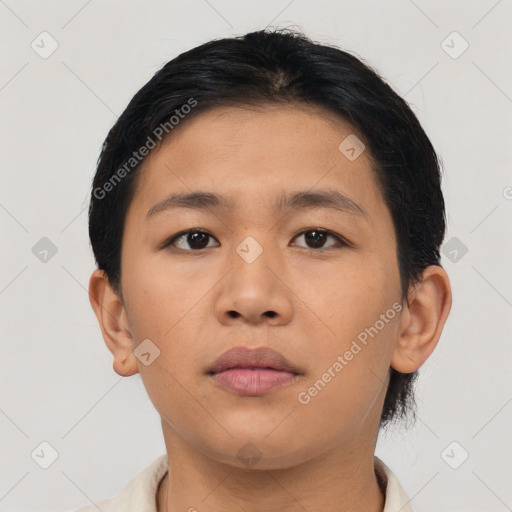 Neutral asian young-adult female with short  brown hair and brown eyes