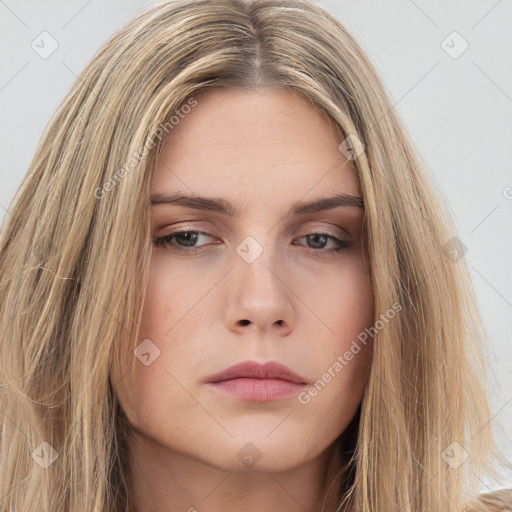 Neutral white young-adult female with long  brown hair and brown eyes