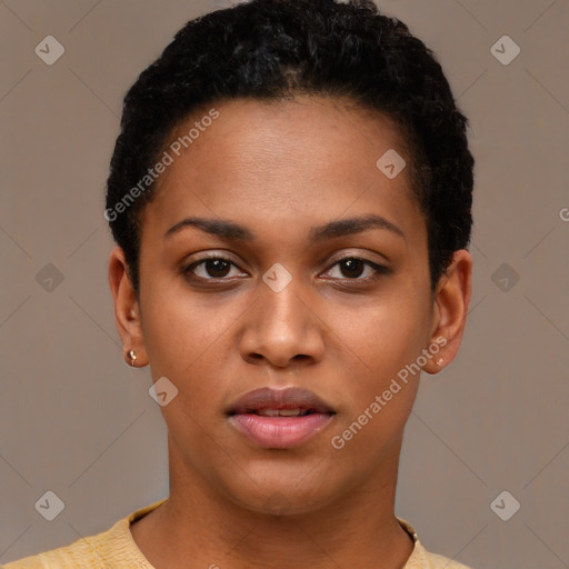 Joyful latino young-adult female with short  black hair and brown eyes