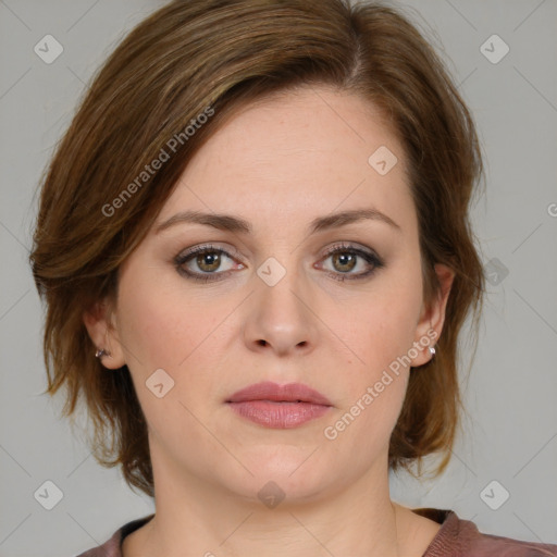 Joyful white young-adult female with medium  brown hair and green eyes