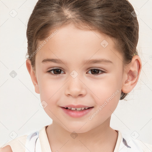 Joyful white child female with short  brown hair and brown eyes