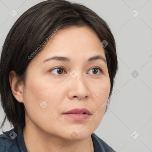 Neutral white young-adult female with medium  brown hair and brown eyes