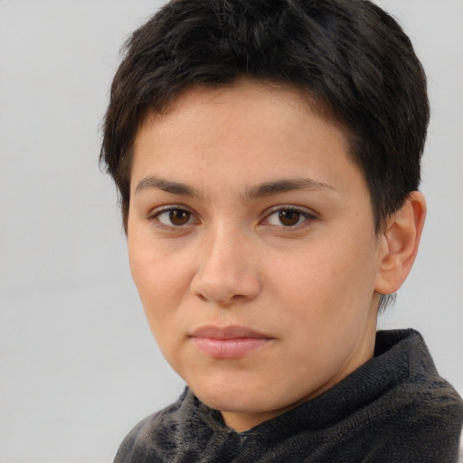 Neutral white young-adult female with short  brown hair and brown eyes
