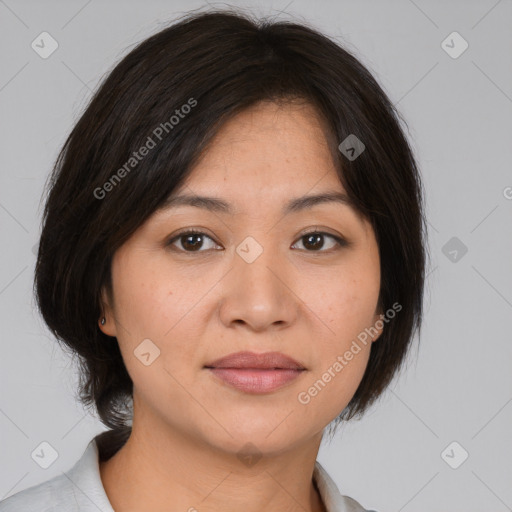 Joyful white young-adult female with medium  brown hair and brown eyes