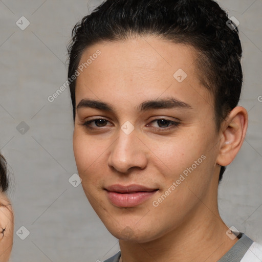 Joyful white young-adult female with short  brown hair and brown eyes