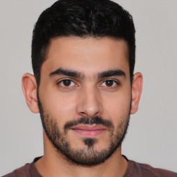 Neutral latino young-adult male with short  brown hair and brown eyes