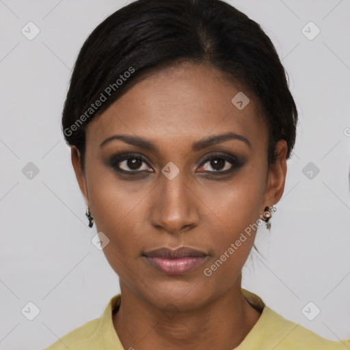 Neutral black young-adult female with short  brown hair and brown eyes
