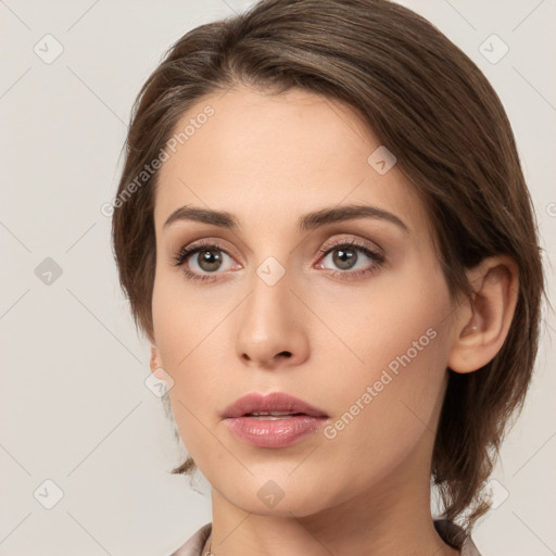 Neutral white young-adult female with medium  brown hair and brown eyes