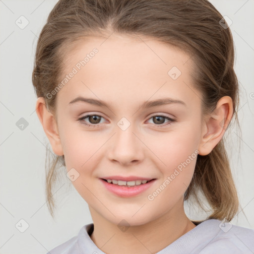 Joyful white child female with medium  brown hair and brown eyes