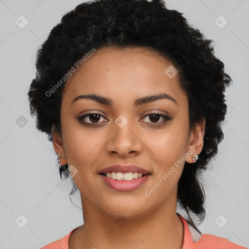 Joyful latino young-adult female with long  black hair and brown eyes