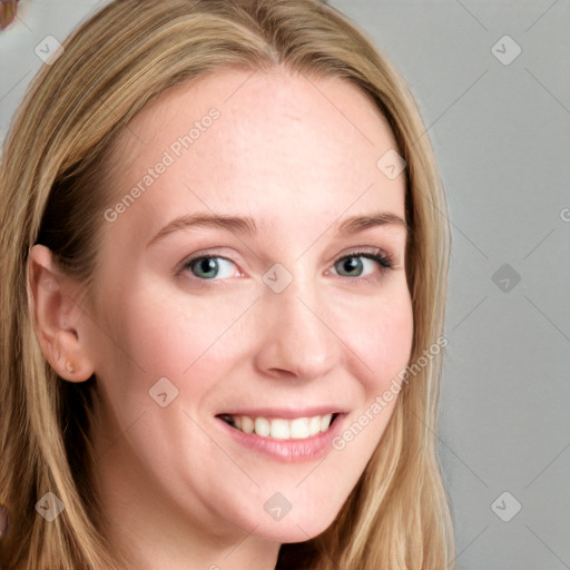 Joyful white young-adult female with long  brown hair and blue eyes