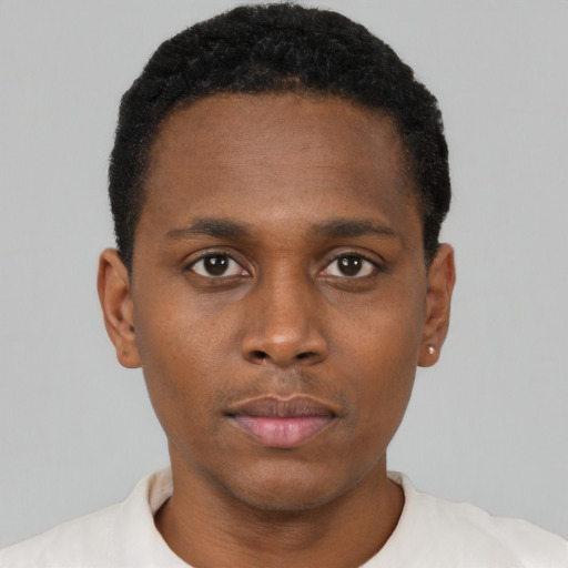 Neutral black young-adult male with short  black hair and brown eyes
