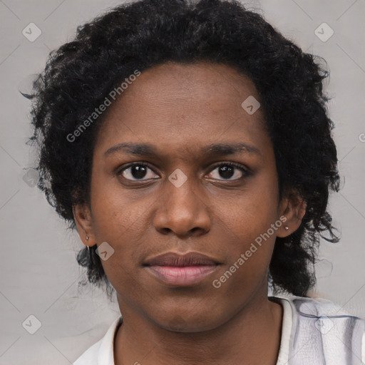 Neutral black young-adult female with short  black hair and brown eyes