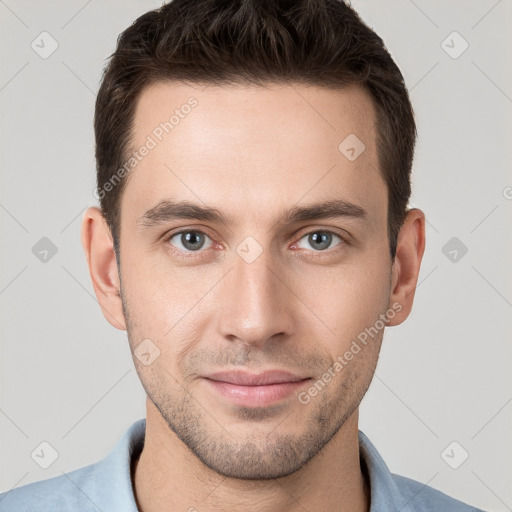 Neutral white young-adult male with short  brown hair and grey eyes