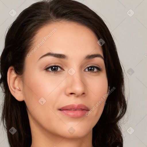 Neutral white young-adult female with long  brown hair and brown eyes