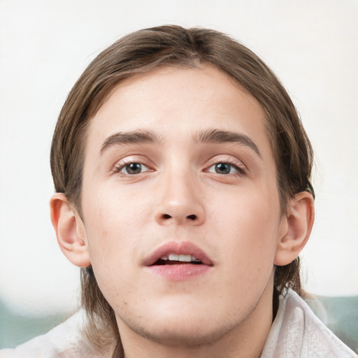 Neutral white young-adult male with medium  brown hair and grey eyes