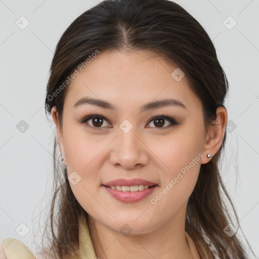 Joyful white young-adult female with long  brown hair and brown eyes