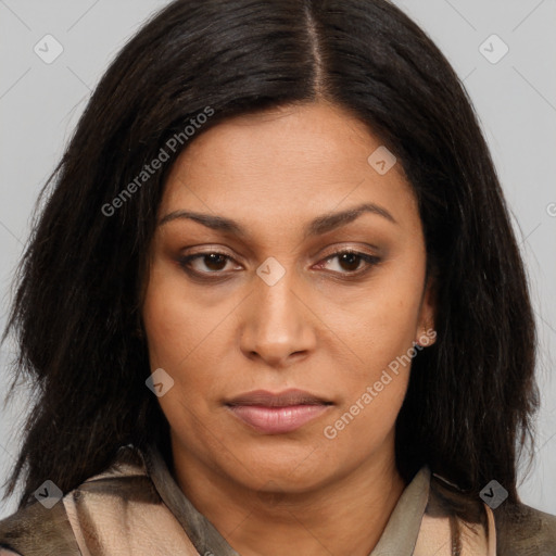 Neutral asian young-adult female with long  brown hair and brown eyes