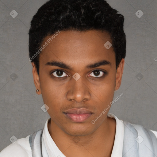 Neutral black young-adult male with short  black hair and brown eyes
