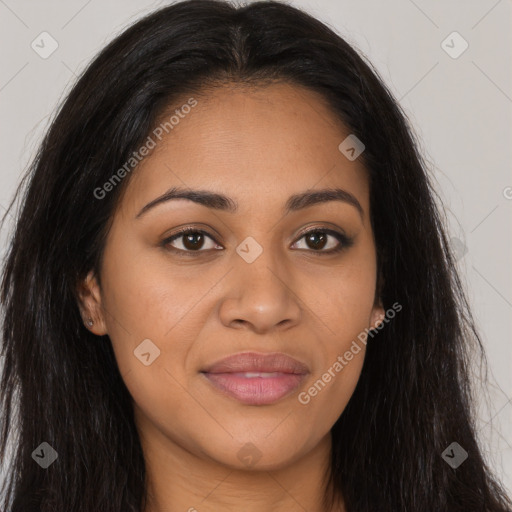 Joyful latino young-adult female with long  brown hair and brown eyes