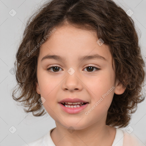 Joyful white child female with medium  brown hair and brown eyes