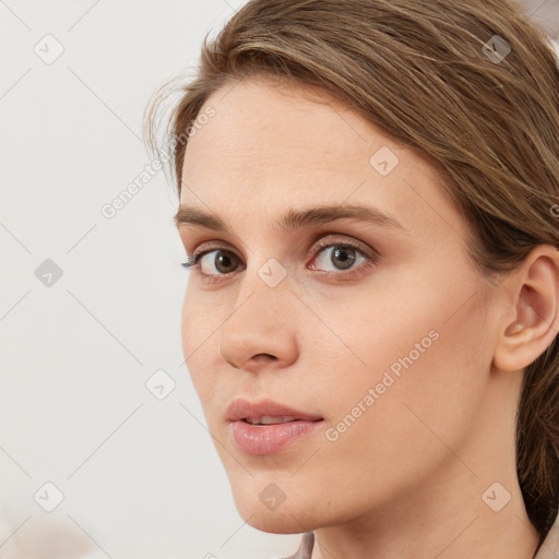 Neutral white young-adult female with medium  brown hair and brown eyes